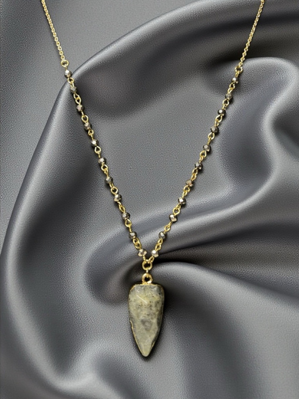 Gold Plated Necklace with Grey Crystals and Natural Stone Pendant